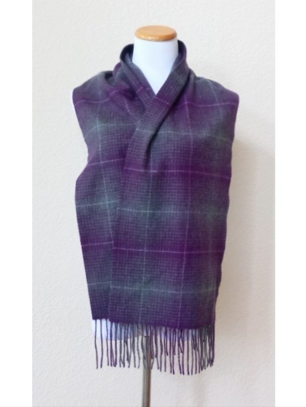 Club Room luxurious cashmere plaid purple and gray fringe scarf